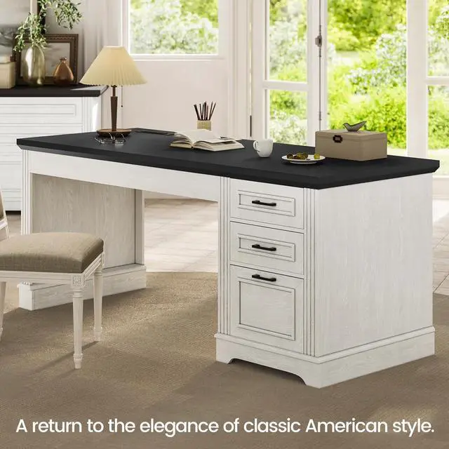 Alt view image 3 of 7 - Itaar Farmhouse 55" Executive Desk, Computer Desk with Storage Drawers and Power Outlet, Home Office Desk, Workstation for Office Home, White