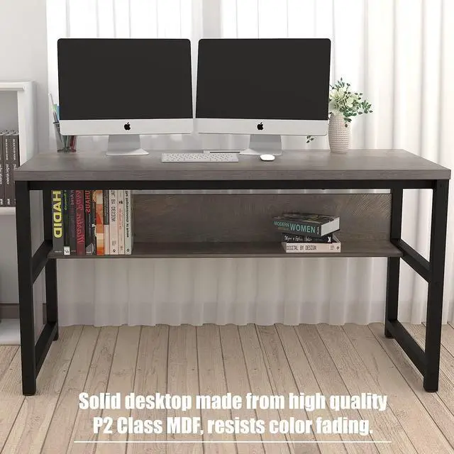 Alt view image 4 of 7 - TOPSKY Computer Desk with Bookshelf/Metal Hole Cable Cover 1.18" Thick Desk (55", Espresso Gray)