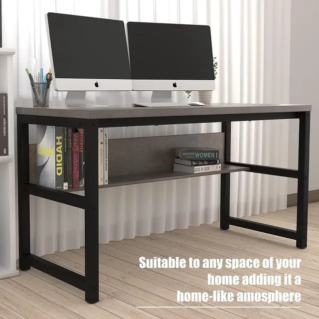 Alt view image 5 of 7 - TOPSKY Computer Desk with Bookshelf/Metal Hole Cable Cover 1.18" Thick Desk (55", Espresso Gray)