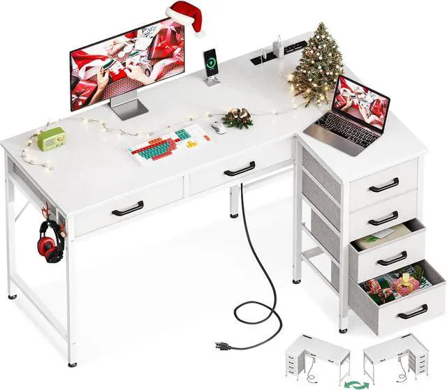 Main image of Coleshome 42 Inch L Shaped Desk with Drawers, Computer Desk with Power Outlets, Home Office Desk with 6 Drawers, Reversible Corner Desk for Small Space, Study Work Table with Hook, White