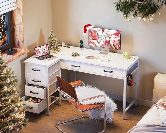 Alt view image 2 of 7 - Coleshome 42 Inch L Shaped Desk with Drawers, Computer Desk with Power Outlets, Home Office Desk with 6 Drawers, Reversible Corner Desk for Small Space, Study Work Table with Hook, White