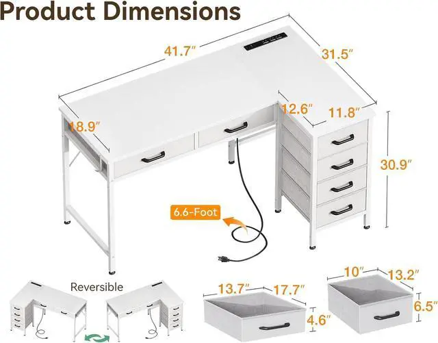 Alt view image 3 of 7 - Coleshome 42 Inch L Shaped Desk with Drawers, Computer Desk with Power Outlets, Home Office Desk with 6 Drawers, Reversible Corner Desk for Small Space, Study Work Table with Hook, White
