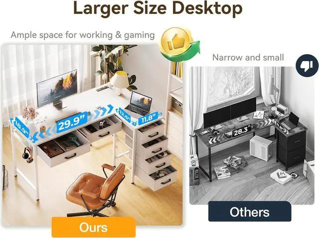 Alt view image 4 of 7 - Coleshome 42 Inch L Shaped Desk with Drawers, Computer Desk with Power Outlets, Home Office Desk with 6 Drawers, Reversible Corner Desk for Small Space, Study Work Table with Hook, White