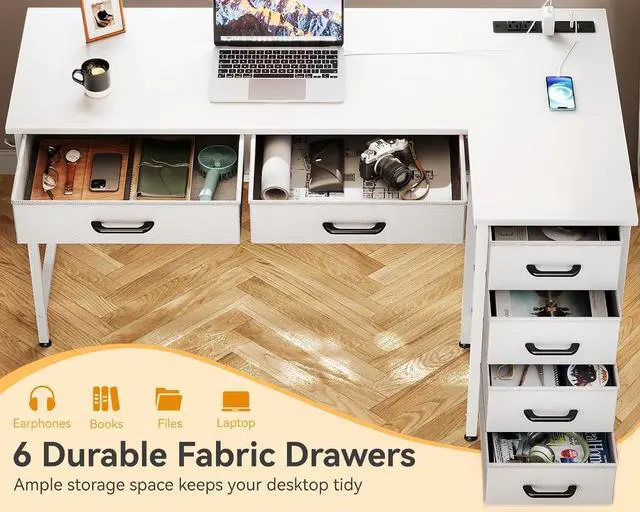 Alt view image 5 of 7 - Coleshome 42 Inch L Shaped Desk with Drawers, Computer Desk with Power Outlets, Home Office Desk with 6 Drawers, Reversible Corner Desk for Small Space, Study Work Table with Hook, White