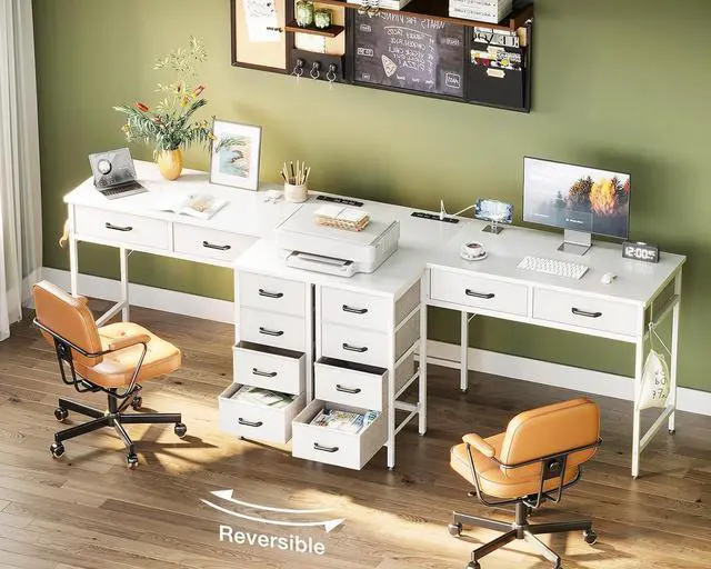 Alt view image 7 of 7 - Coleshome 42 Inch L Shaped Desk with Drawers, Computer Desk with Power Outlets, Home Office Desk with 6 Drawers, Reversible Corner Desk for Small Space, Study Work Table with Hook, White