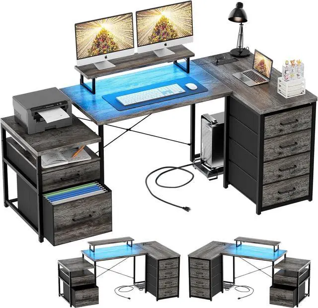 Main image of Unikito 70.8" Reversible L Shaped Computer Desk with Fabric File Drawers, Corner Desk with RGB LED Light & Power Outlets & Monitor Stand, Large Gaming Desk for Home Office Workstation, Black Oak