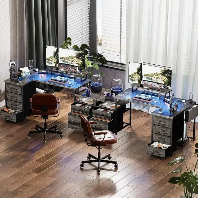 Alt view image 2 of 7 - Unikito 70.8" Reversible L Shaped Computer Desk with Fabric File Drawers, Corner Desk with RGB LED Light & Power Outlets & Monitor Stand, Large Gaming Desk for Home Office Workstation, Black Oak