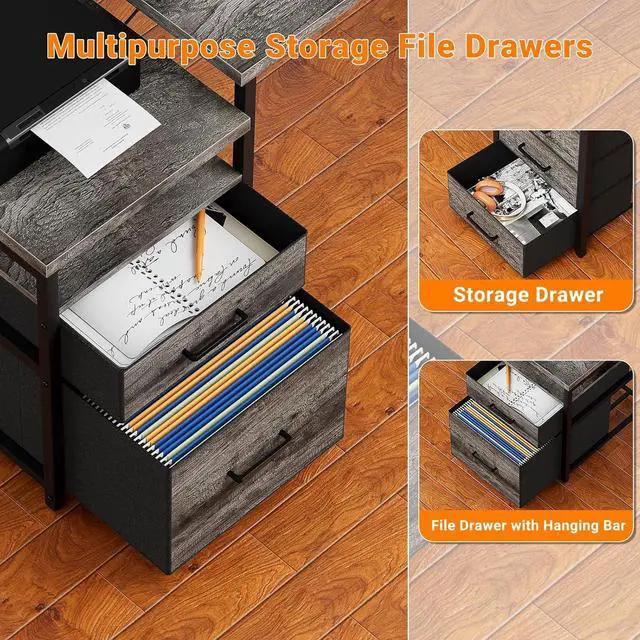 Alt view image 6 of 7 - Unikito 70.8" Reversible L Shaped Computer Desk with Fabric File Drawers, Corner Desk with RGB LED Light & Power Outlets & Monitor Stand, Large Gaming Desk for Home Office Workstation, Black Oak