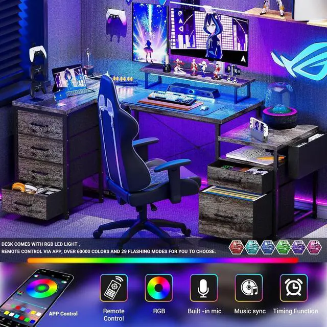 Alt view image 5 of 7 - Unikito 70.8" Reversible L Shaped Computer Desk with Fabric File Drawers, Corner Desk with RGB LED Light & Power Outlets & Monitor Stand, Large Gaming Desk for Home Office Workstation, Black Oak