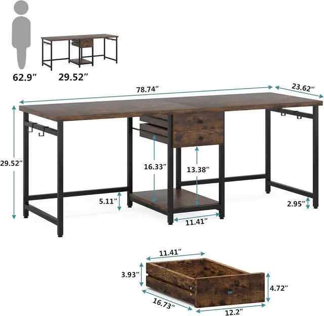 Alt view image 2 of 7 - Tribesigns Two Person Desk, 79 Inch Double Desk with 2 Drawers, Large Computer Desk Long Desks with Storage Shelves, Writing Table Study Desk for Home Office, Rustic Brown (NY001)