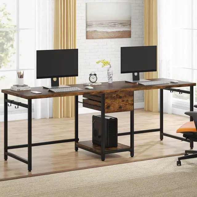 Alt view image 3 of 7 - Tribesigns Two Person Desk, 79 Inch Double Desk with 2 Drawers, Large Computer Desk Long Desks with Storage Shelves, Writing Table Study Desk for Home Office, Rustic Brown (NY001)