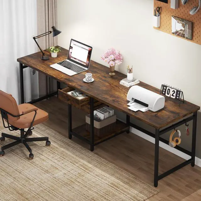 Main image of Tribesigns Two Person Desk, 79 Inch Double Desk with 2 Drawers, Large Computer Desk Long Desks with Storage Shelves, Writing Table Study Desk for Home Office, Rustic Brown (NY001)