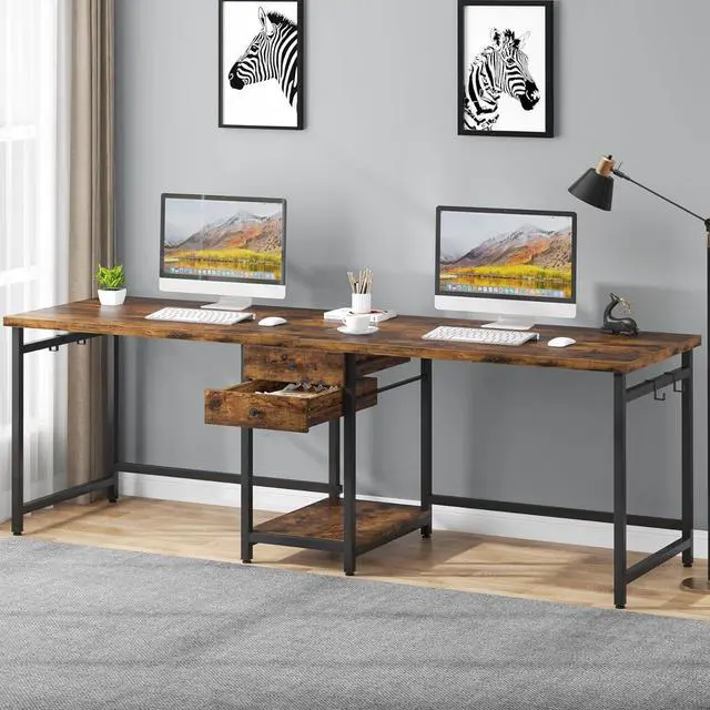 Alt view image 4 of 7 - Tribesigns Two Person Desk, 79 Inch Double Desk with 2 Drawers, Large Computer Desk Long Desks with Storage Shelves, Writing Table Study Desk for Home Office, Rustic Brown (NY001)