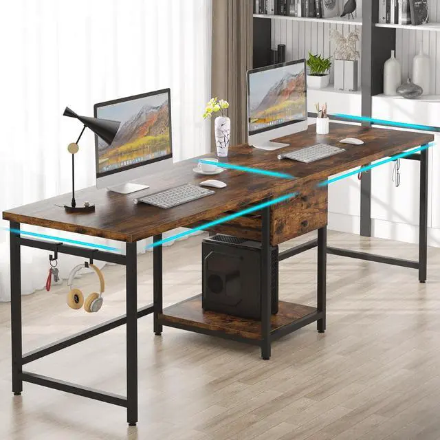 Alt view image 5 of 7 - Tribesigns Two Person Desk, 79 Inch Double Desk with 2 Drawers, Large Computer Desk Long Desks with Storage Shelves, Writing Table Study Desk for Home Office, Rustic Brown (NY001)