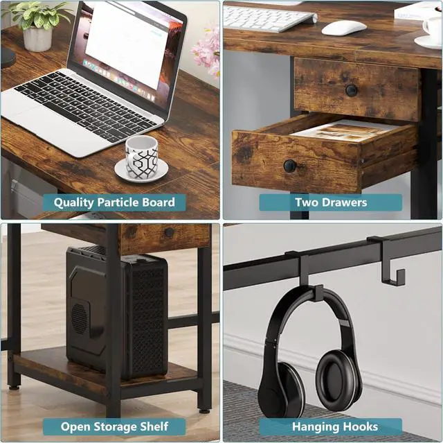 Alt view image 6 of 7 - Tribesigns Two Person Desk, 79 Inch Double Desk with 2 Drawers, Large Computer Desk Long Desks with Storage Shelves, Writing Table Study Desk for Home Office, Rustic Brown (NY001)