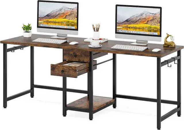 Alt view image 7 of 7 - Tribesigns Two Person Desk, 79 Inch Double Desk with 2 Drawers, Large Computer Desk Long Desks with Storage Shelves, Writing Table Study Desk for Home Office, Rustic Brown (NY001)