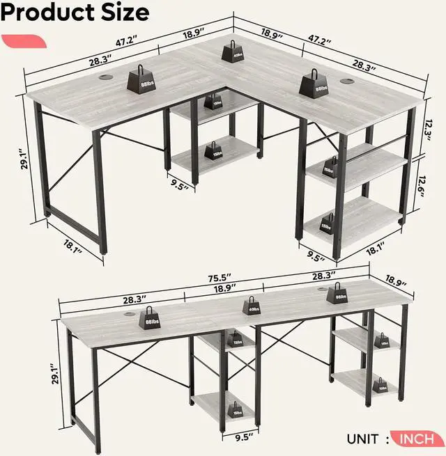 Alt view image 2 of 7 - Bestier L Shaped Desk with Shelves 75 Inch Reversible Corner Computer Desk or 2 Person Long Table, Writing Study Desk for Home Office Small Space Bedroom Apartment, Wash White