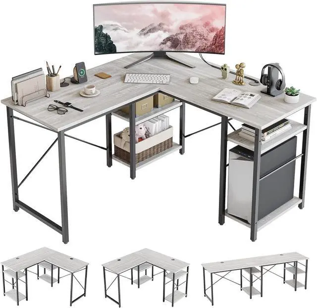 Alt view image 3 of 7 - Bestier L Shaped Desk with Shelves 75 Inch Reversible Corner Computer Desk or 2 Person Long Table, Writing Study Desk for Home Office Small Space Bedroom Apartment, Wash White