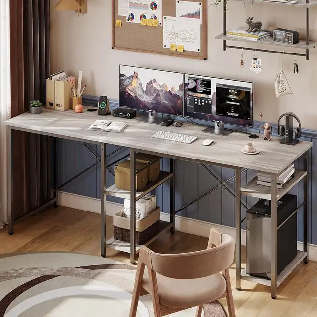 Alt view image 4 of 7 - Bestier L Shaped Desk with Shelves 75 Inch Reversible Corner Computer Desk or 2 Person Long Table, Writing Study Desk for Home Office Small Space Bedroom Apartment, Wash White