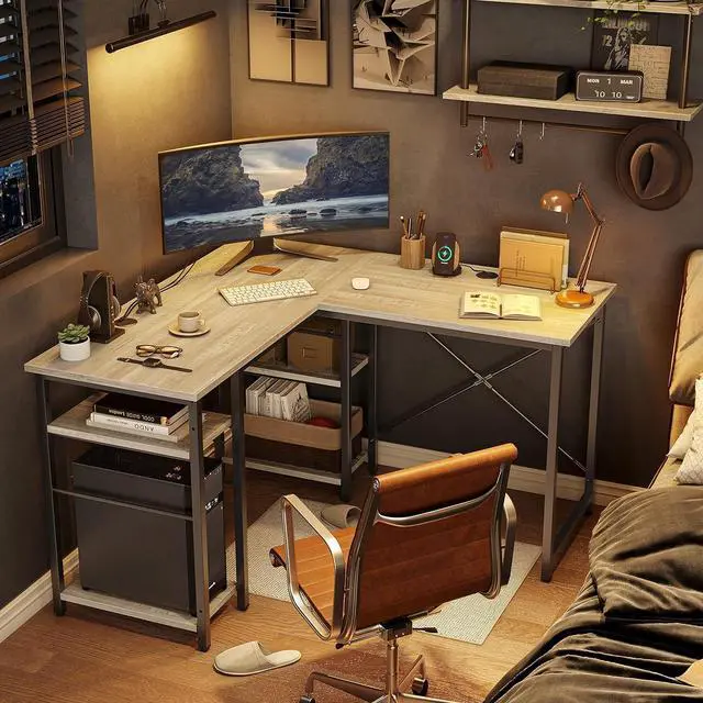 Alt view image 6 of 7 - Bestier L Shaped Desk with Shelves 75 Inch Reversible Corner Computer Desk or 2 Person Long Table, Writing Study Desk for Home Office Small Space Bedroom Apartment, Wash White