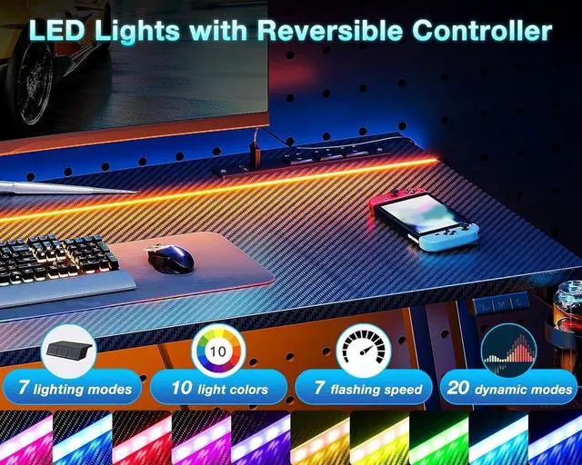 Alt view image 5 of 7 - 32 Inch Small Gaming Desk with LED Lights & Power Outlet, Computer Desk for Small Space, Gaming Table with Carbon Fiber Texture, Kids Desk Gift for Boys Men, Black