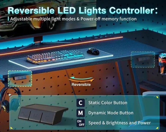Alt view image 6 of 7 - 32 Inch Small Gaming Desk with LED Lights & Power Outlet, Computer Desk for Small Space, Gaming Table with Carbon Fiber Texture, Kids Desk Gift for Boys Men, Black