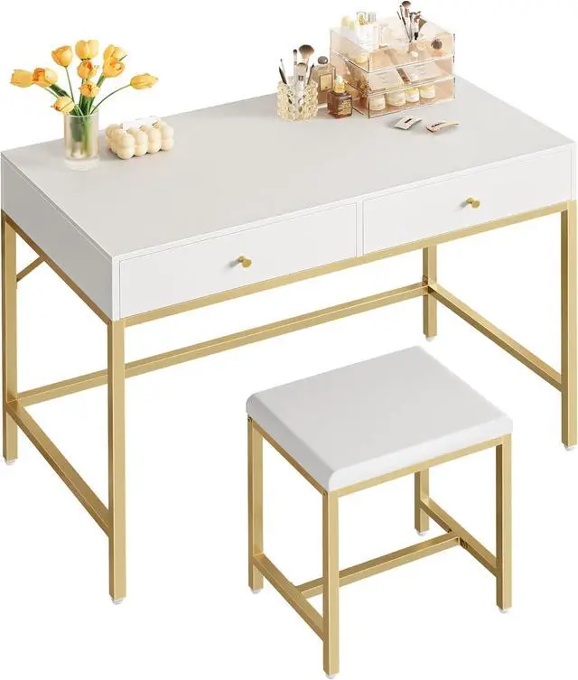 Main image of SUPERJARE 35.4" White and Gold Desk with 2 Drawers, Modern Makeup Vanity with Padded Stool, Small Computer Desk Home Office Desk for Writing Study Bedroom