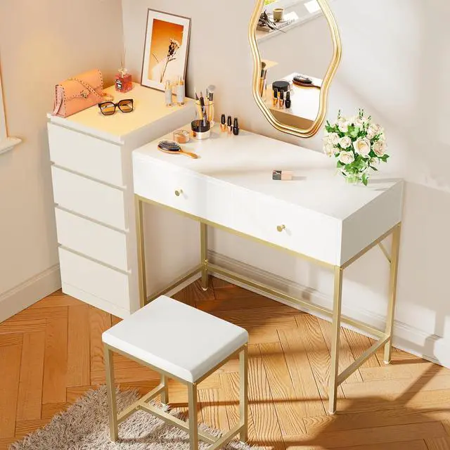 Alt view image 4 of 7 - SUPERJARE 35.4" White and Gold Desk with 2 Drawers, Modern Makeup Vanity with Padded Stool, Small Computer Desk Home Office Desk for Writing Study Bedroom