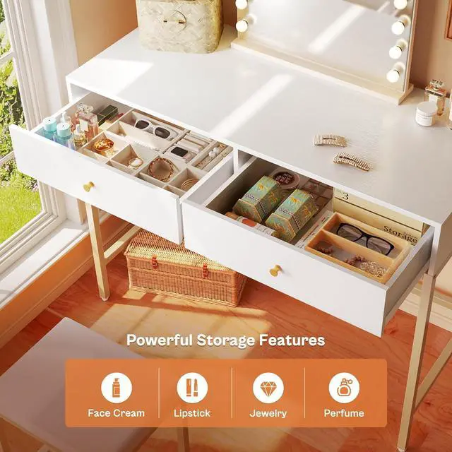 Alt view image 5 of 7 - SUPERJARE 35.4" White and Gold Desk with 2 Drawers, Modern Makeup Vanity with Padded Stool, Small Computer Desk Home Office Desk for Writing Study Bedroom