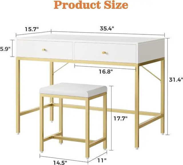 Alt view image 3 of 7 - SUPERJARE 35.4" White and Gold Desk with 2 Drawers, Modern Makeup Vanity with Padded Stool, Small Computer Desk Home Office Desk for Writing Study Bedroom