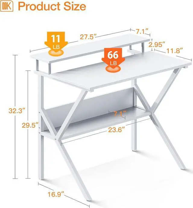 Alt view image 3 of 7 - ODK Small Computer Desk, 27.5 inch Desk for Small Spaces with Storage, Compact Table with Monitor & Storage Shelves for Home Office, Modern Style Laptop Desk, Pure White