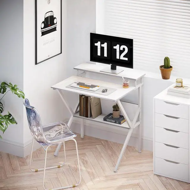 Alt view image 7 of 7 - ODK Small Computer Desk, 27.5 inch Desk for Small Spaces with Storage, Compact Table with Monitor & Storage Shelves for Home Office, Modern Style Laptop Desk, Pure White
