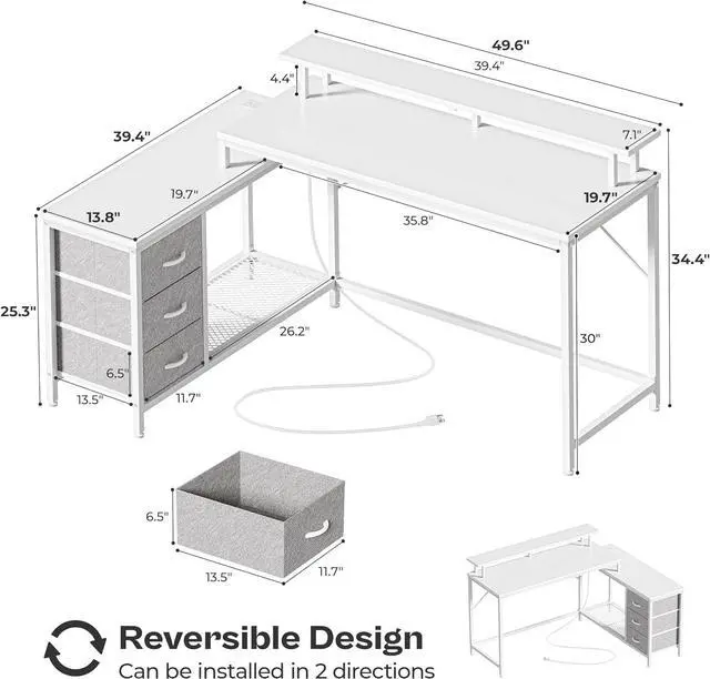 Alt view image 2 of 7 - Huuger Reversible L Shaped Computer Desk with Drawers, Gaming Desk with LED Lights and Power Outlets, Office Desk with Storage Shelves, Corner Desk with Monitor Stand, for Home & Office, White