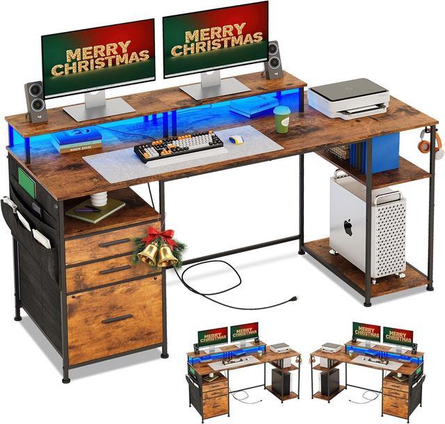 Main image of Computer Desk with 3 File Cabinet Drawers, 57.8'' Reversible Gaming Desk with LED Lights and Power Outlets, Office Desk with Storage Shelves for Home & Office (Rustic Brown)