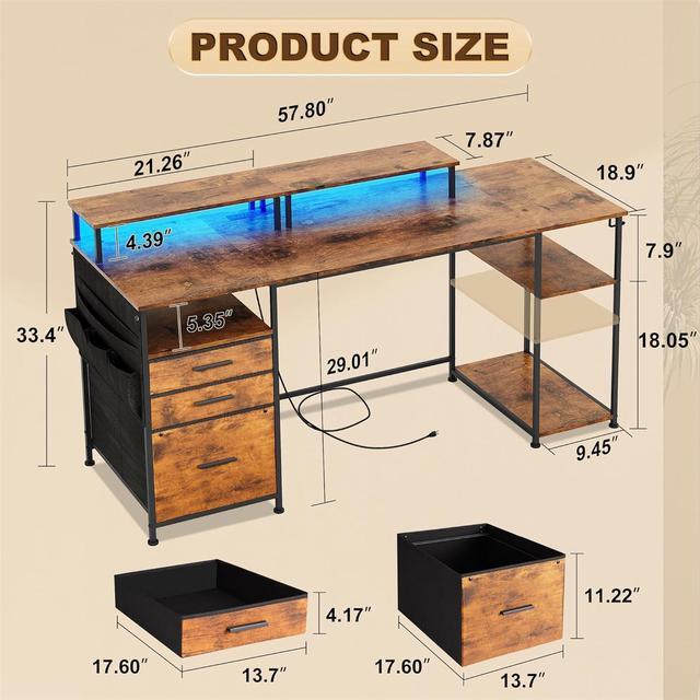 Alt view image 3 of 7 - Computer Desk with 3 File Cabinet Drawers, 57.8'' Reversible Gaming Desk with LED Lights and Power Outlets, Office Desk with Storage Shelves for Home & Office (Rustic Brown)