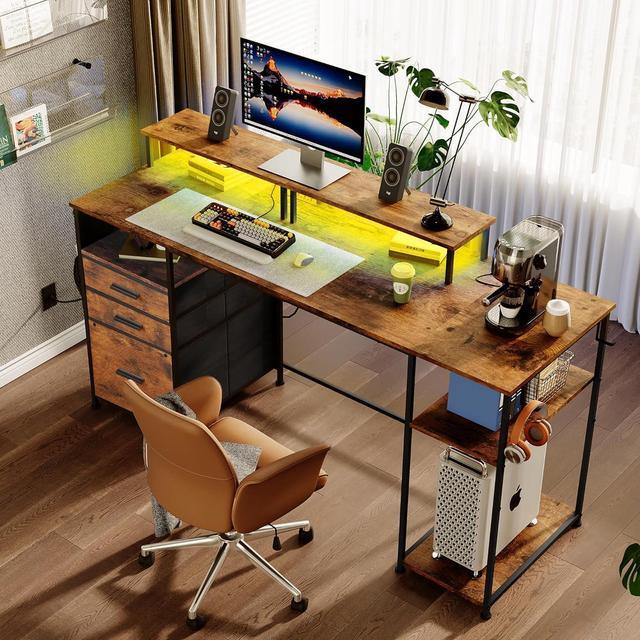 Alt view image 2 of 7 - Computer Desk with 3 File Cabinet Drawers, 57.8'' Reversible Gaming Desk with LED Lights and Power Outlets, Office Desk with Storage Shelves for Home & Office (Rustic Brown)