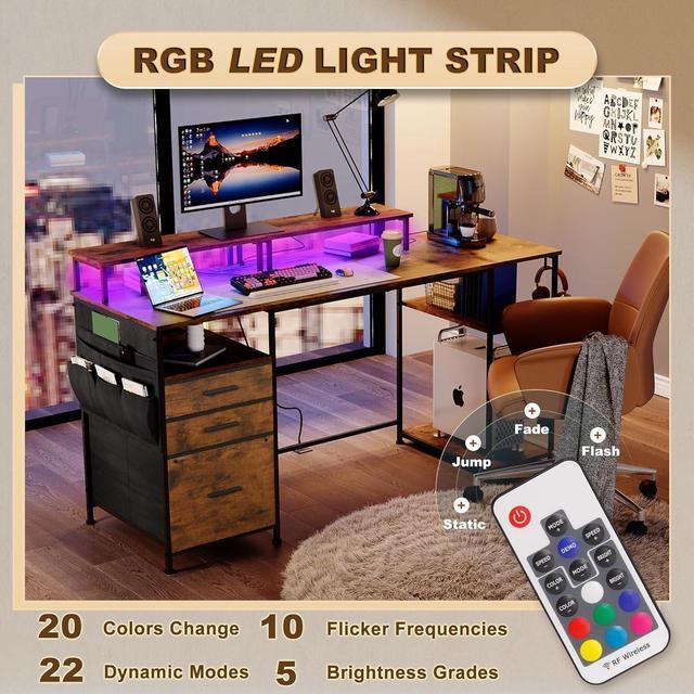 Alt view image 4 of 7 - Computer Desk with 3 File Cabinet Drawers, 57.8'' Reversible Gaming Desk with LED Lights and Power Outlets, Office Desk with Storage Shelves for Home & Office (Rustic Brown)