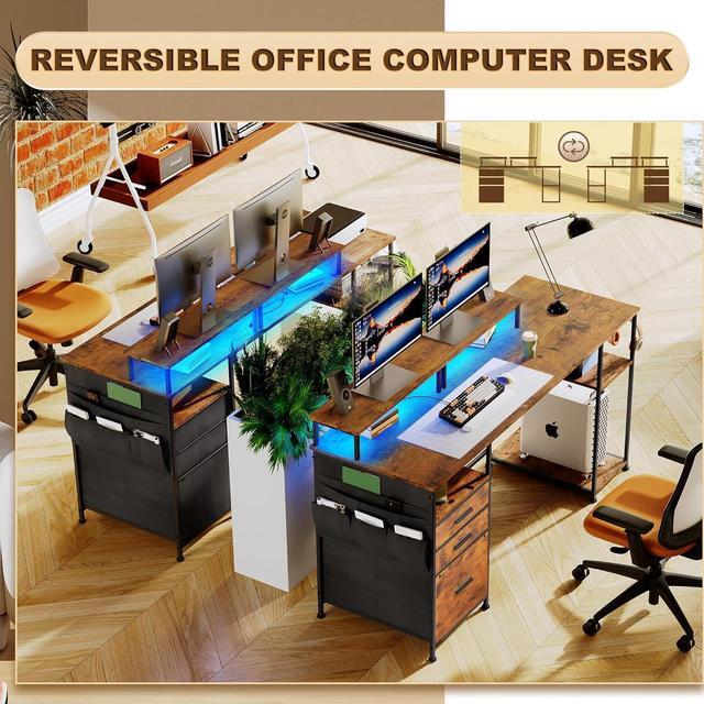 Alt view image 5 of 7 - Computer Desk with 3 File Cabinet Drawers, 57.8'' Reversible Gaming Desk with LED Lights and Power Outlets, Office Desk with Storage Shelves for Home & Office (Rustic Brown)