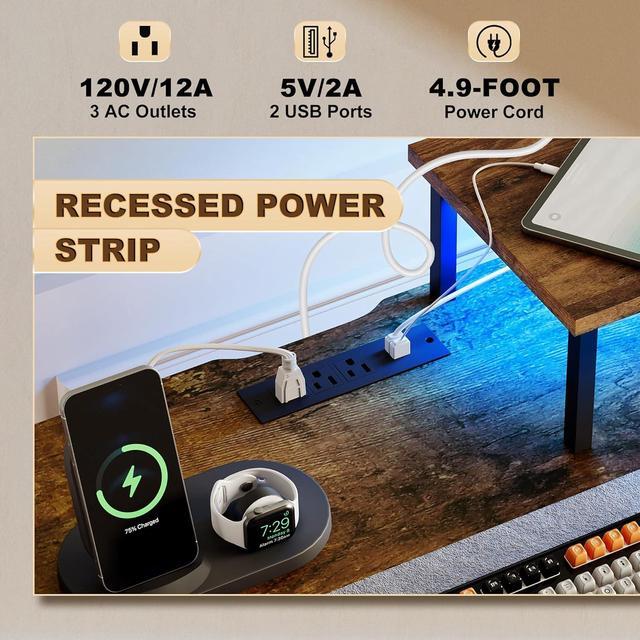 Alt view image 6 of 7 - Computer Desk with 3 File Cabinet Drawers, 57.8'' Reversible Gaming Desk with LED Lights and Power Outlets, Office Desk with Storage Shelves for Home & Office (Rustic Brown)