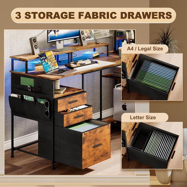 Alt view image 7 of 7 - Computer Desk with 3 File Cabinet Drawers, 57.8'' Reversible Gaming Desk with LED Lights and Power Outlets, Office Desk with Storage Shelves for Home & Office (Rustic Brown)