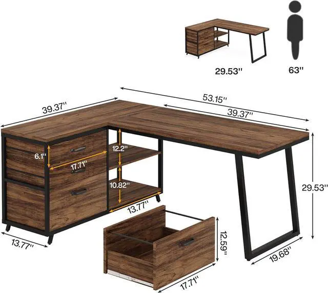 Alt view image 2 of 7 - Tribesigns L-Shaped Computer Desk with 3 Drawers, Reversible Corner Home Office Desk with Shelves, 53-Inch Industrial PC Desk Study Writing Table Workstation for Small Space, Rustic Brown