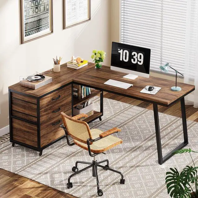 Alt view image 3 of 7 - Tribesigns L-Shaped Computer Desk with 3 Drawers, Reversible Corner Home Office Desk with Shelves, 53-Inch Industrial PC Desk Study Writing Table Workstation for Small Space, Rustic Brown