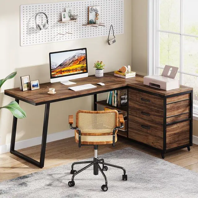 Alt view image 6 of 7 - Tribesigns L-Shaped Computer Desk with 3 Drawers, Reversible Corner Home Office Desk with Shelves, 53-Inch Industrial PC Desk Study Writing Table Workstation for Small Space, Rustic Brown