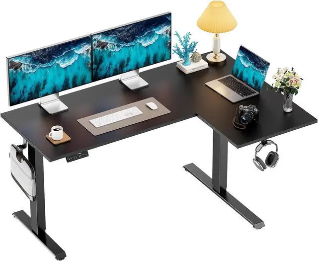 Main image of HUANUO 63 x 40 inch Dual Motor L-Shaped Standing Desk, Corner Standing Desk with 3 Preset Heights, Electric Height Adjustable Computer Desk 2 Hooks & Cable Tray, Raising Desk for Home Office, Black