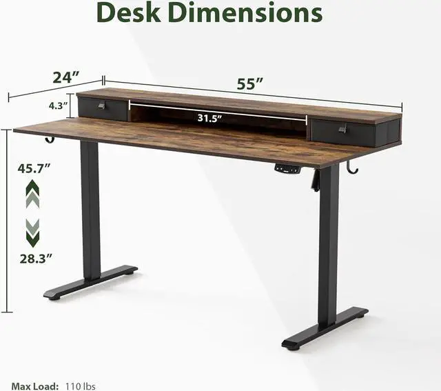 Alt view image 3 of 7 - 55 x 24 Inches Height Adjustable Electric Standing Desk with 2 Drawers, Stand Up Electric Desk Adjustable Height, Sit Stand Computer Gaming Table with Splice Board, Rustic Brown