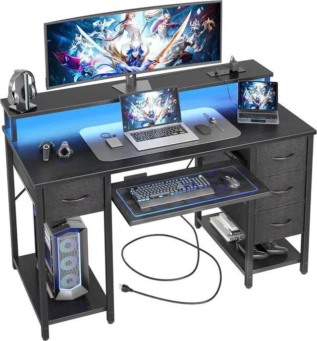 Main image of TIQLAB Computer Desk with Drawers and Power Outlets, 47 Inch Gaming Desk with LED Lights, Home Office Desk with Monitor Stand and Keyboard Tray, Study Writing Work Desk for Home Office, Black