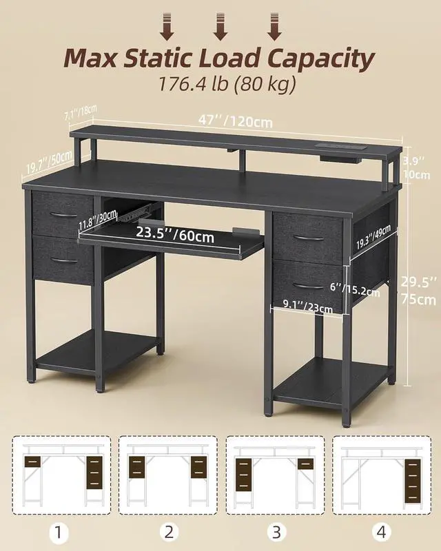Alt view image 3 of 7 - TIQLAB Computer Desk with Drawers and Power Outlets, 47 Inch Gaming Desk with LED Lights, Home Office Desk with Monitor Stand and Keyboard Tray, Study Writing Work Desk for Home Office, Black