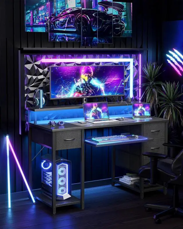 Alt view image 6 of 7 - TIQLAB Computer Desk with Drawers and Power Outlets, 47 Inch Gaming Desk with LED Lights, Home Office Desk with Monitor Stand and Keyboard Tray, Study Writing Work Desk for Home Office, Black