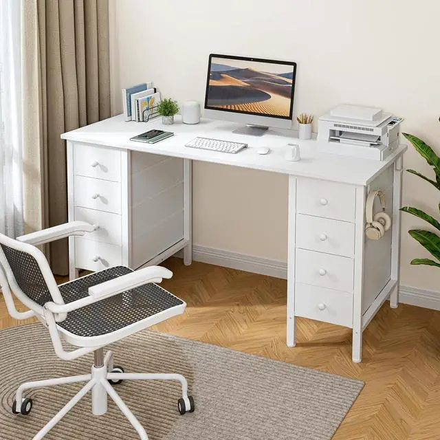 Alt view image 2 of 7 - White Computer Desk with Drawers for Storage - 55 inch Home Office Desk with 8 Fabric Drawers, Writing Study Desk with Drawers on Both Sides for Bedroom