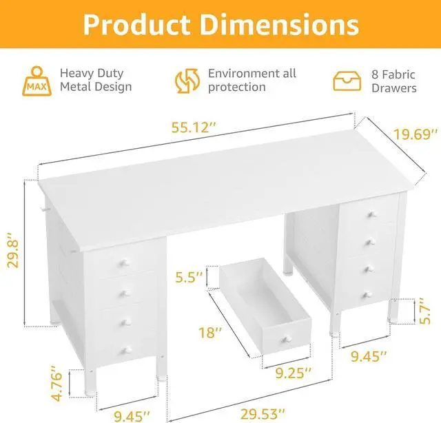 Alt view image 3 of 7 - White Computer Desk with Drawers for Storage - 55 inch Home Office Desk with 8 Fabric Drawers, Writing Study Desk with Drawers on Both Sides for Bedroom